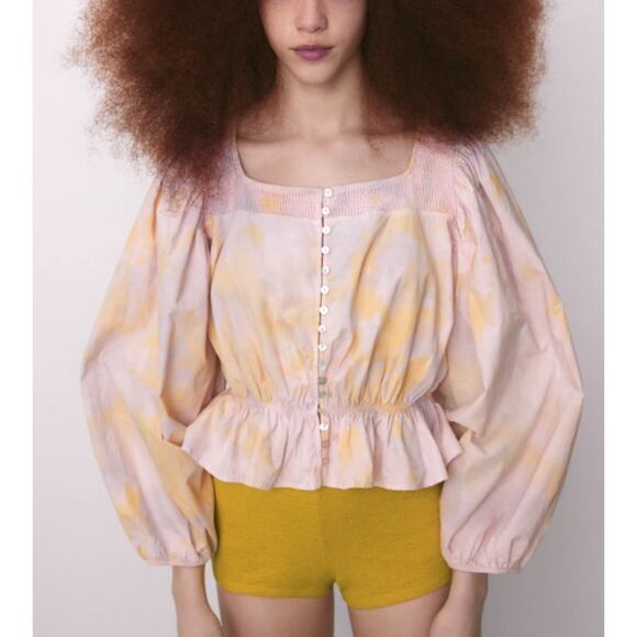 Zara Tie Dye Balloon Sleeve Crop Peplum Blouse in Pink Multi - Picture 1 of 13